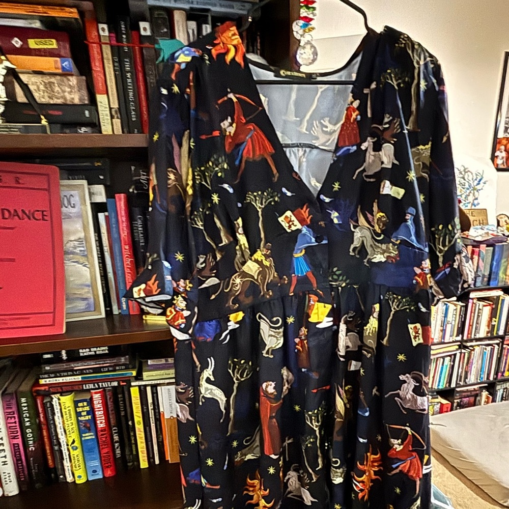 Navy Blue Whimsical Fairy Tale Print Wrap Dress